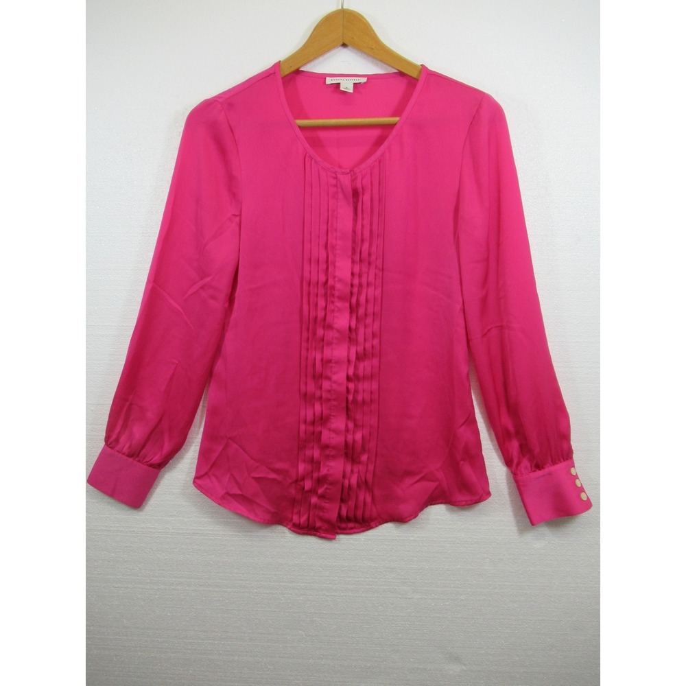 Banana Republic Satin Pleated Blouse Women Small Dark Pink Long Sleeve